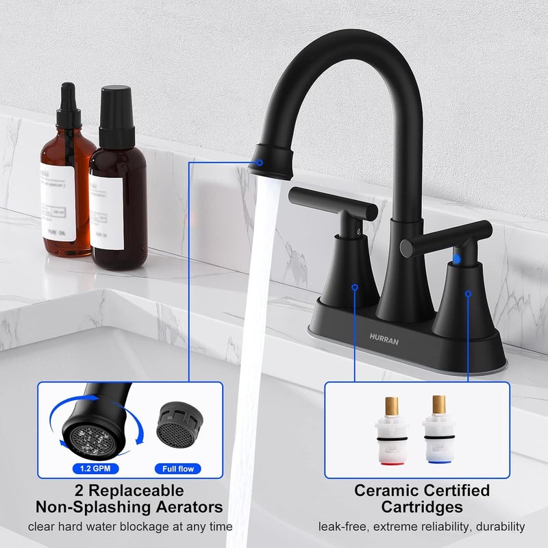 Hurran Bathroom Faucets for Sink 3 Hole, 4 inch Matte Black Bathroom Sink Faucet with Pop-up Drain and 2 Supply Hoses, Stainless Steel Lead-Free Centerset Faucet for Vanity RV, 2 Pack - Image 4